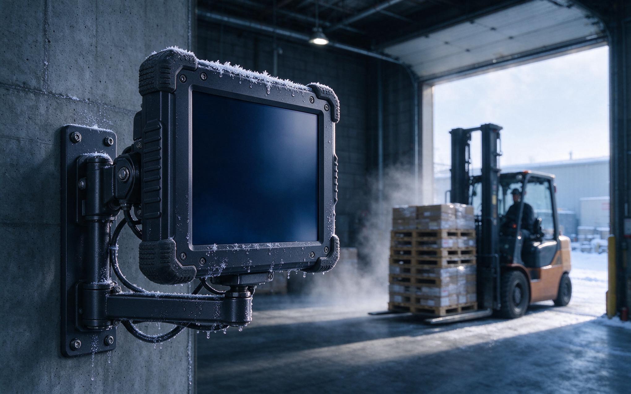 Rugged Industrial Monitor at a Cold Loading Dock rugged industrial monitor at cold loading dock in winter conditions