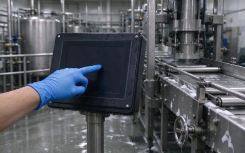 Antimicrobial Glass in Food Plant Industrial Touch Panel PCs industrial touch panel pc on food processing line with gloved operator