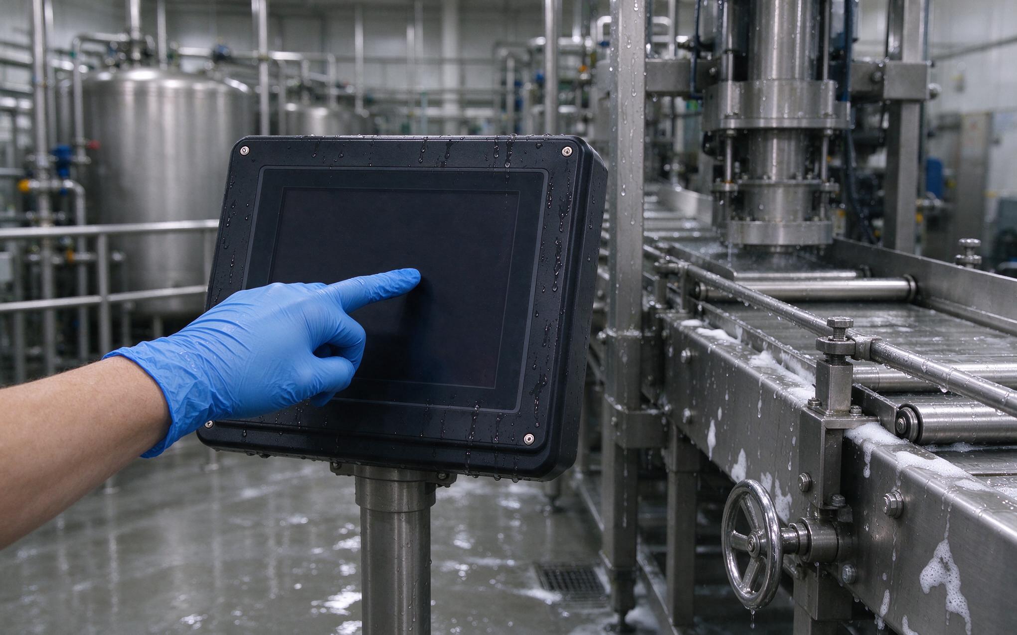 Industrial Touch Panel PC on a Food Processing Line industrial touch panel pc on food processing line with gloved operator