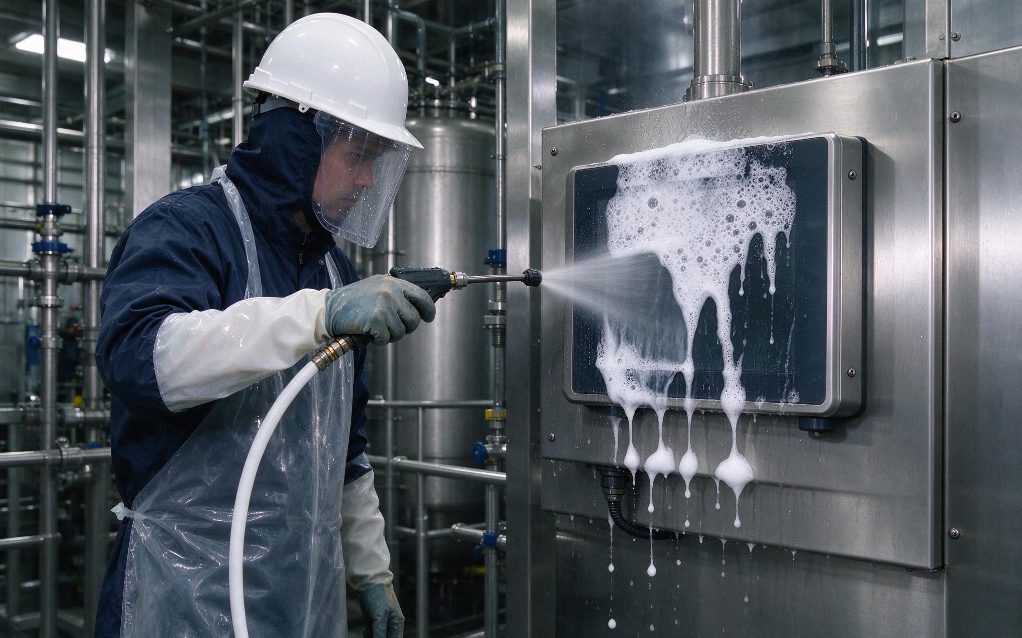 Caustic Foam Washdown on a Sealed Touch Panel ip65 touch screen industrial touch panel pc under caustic foam washdown
