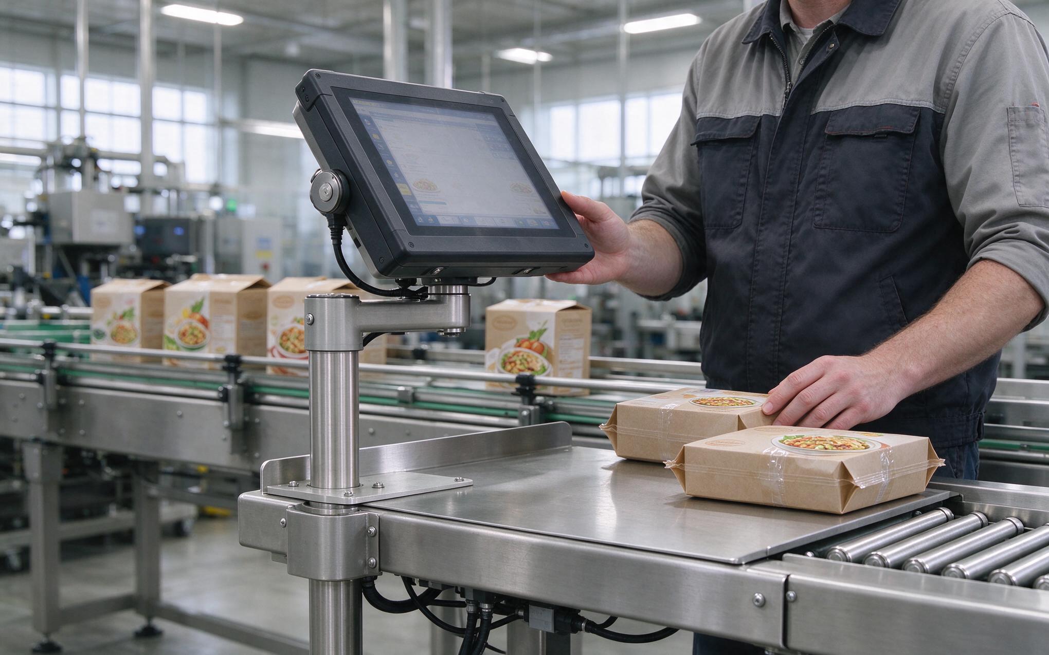Mounting Angle Effects on Palm Contact tilted industrial touch screen at a packing line workstation