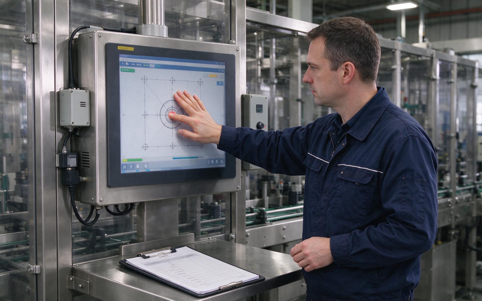 Line-Side Palm Rejection Validation technician performing palm rejection validation on an industrial touch display