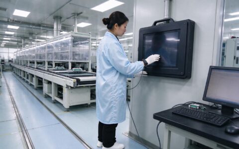 industrial touch pc at a winter factory workstation with an operator wearing an anti-static wrist strap