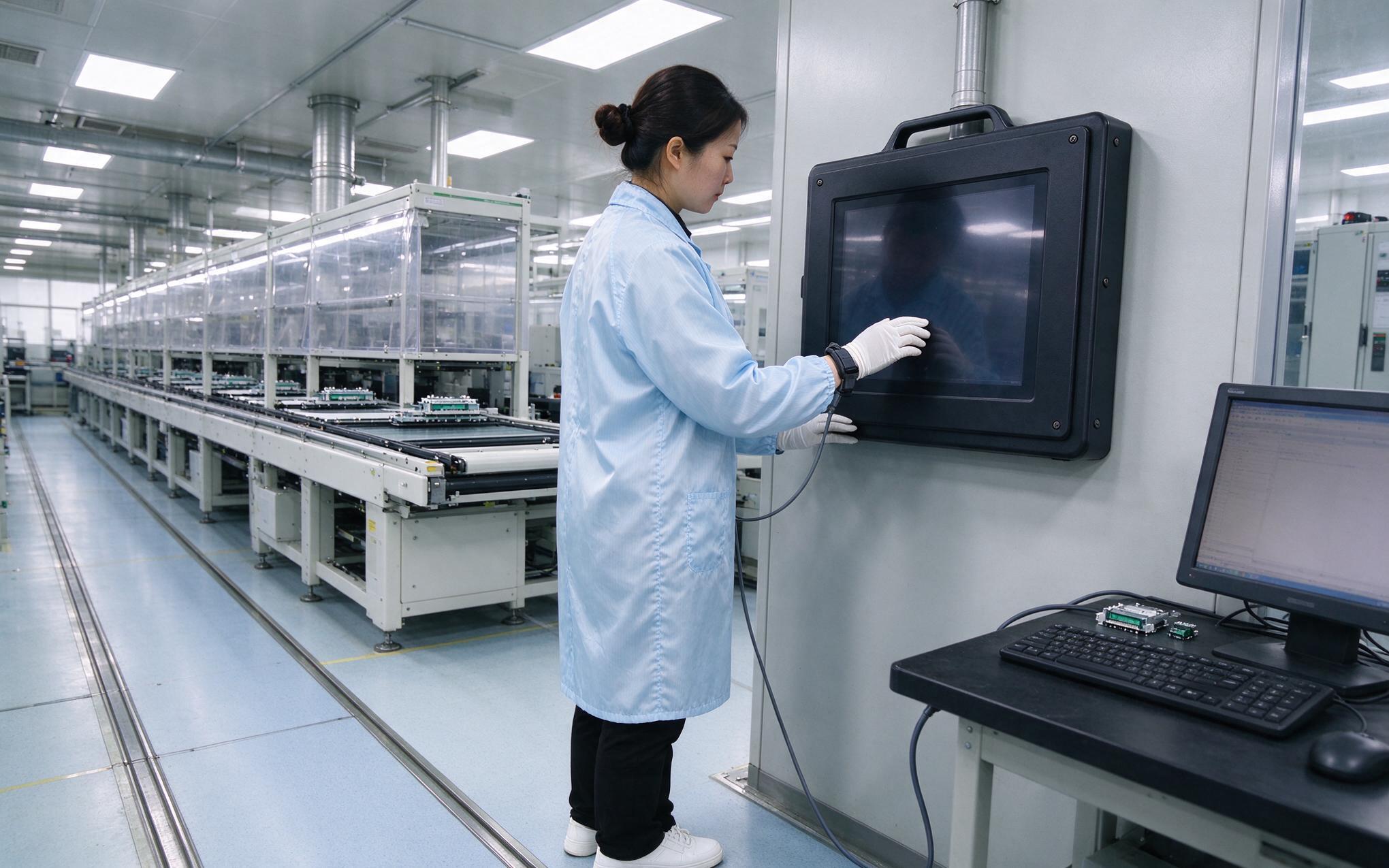 Winter Static Risk at an Industrial Touch PC Workstation industrial touch pc at a winter factory workstation with an operator wearing an anti-static wrist strap