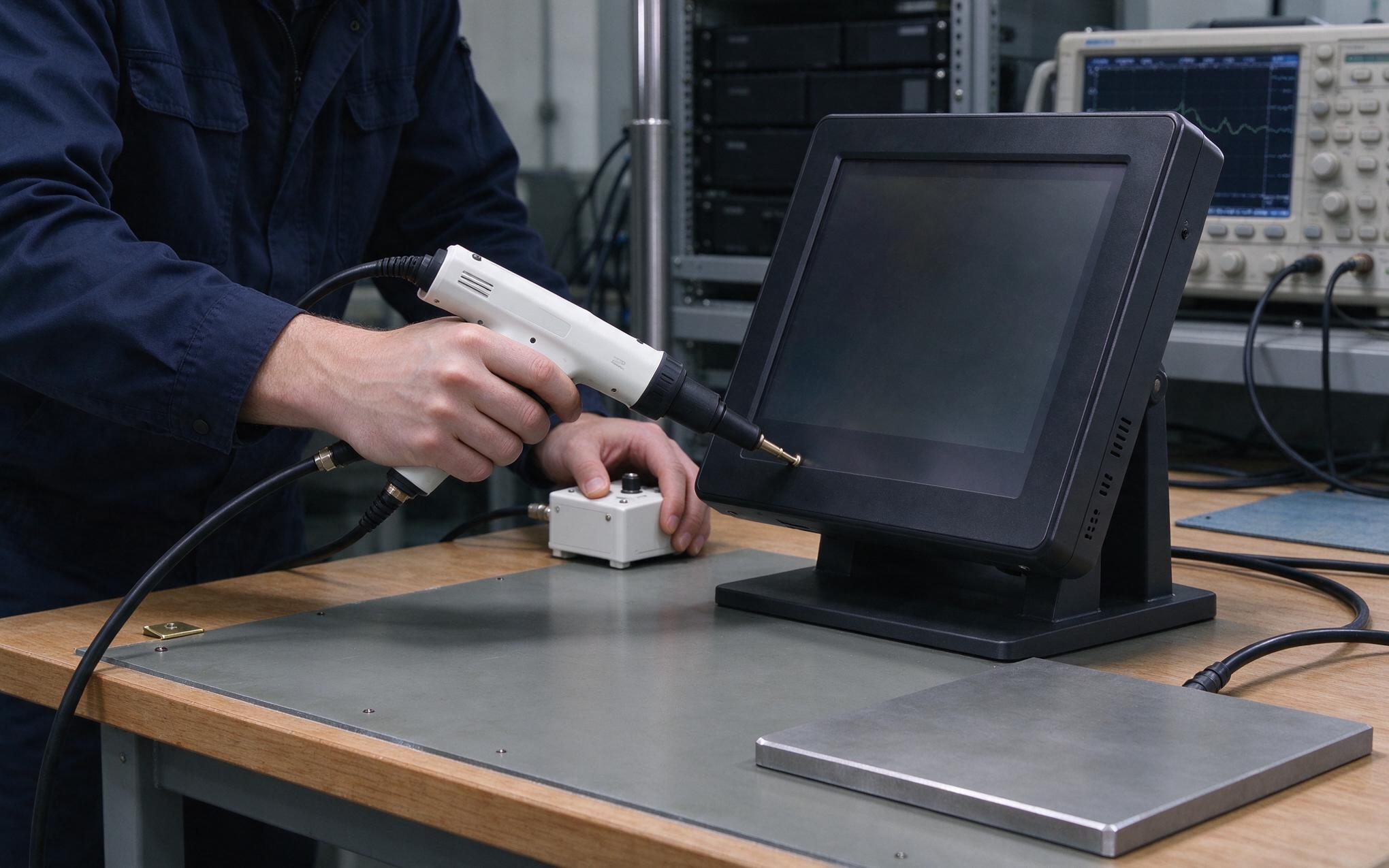 Level 4 ESD Gun Compliance Test IEC 61000-4-2 ESD gun test applied to an industrial touch pc front panel in an EMC laboratory