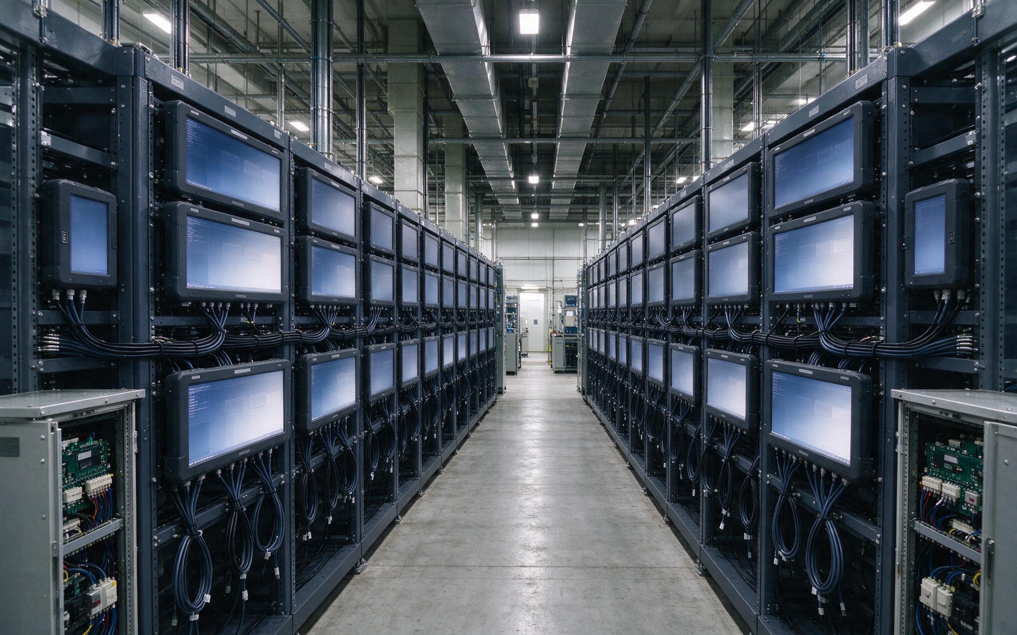 Burn-In Rack Screening at an Industrial Monitor Supplier industrial monitor supplier burn-in rack running rows of displays through elevated temperature screening
