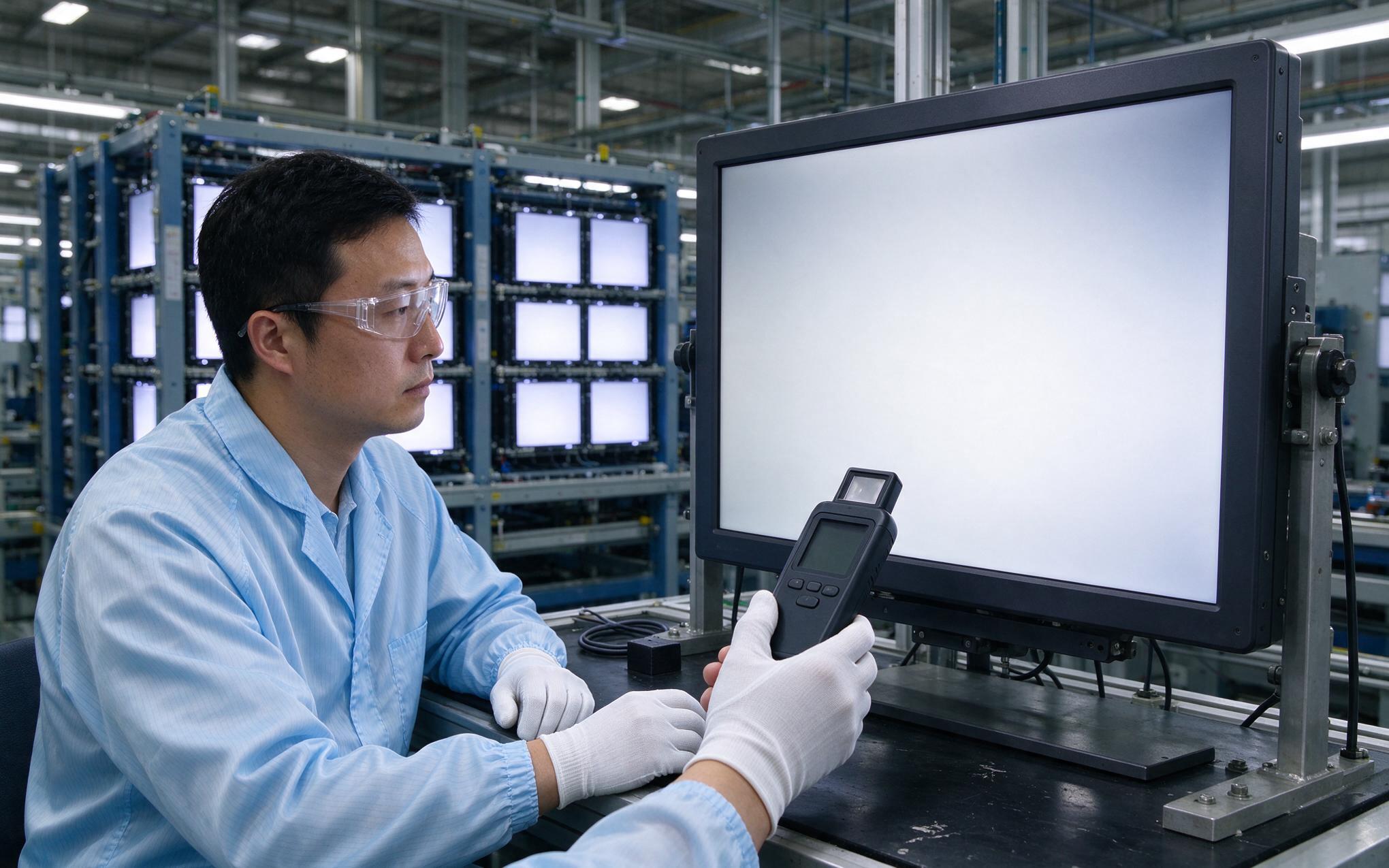 Brightness Uniformity Inspection on the Factory Screening Line factory screening station at an industrial monitor supplier checking brightness uniformity