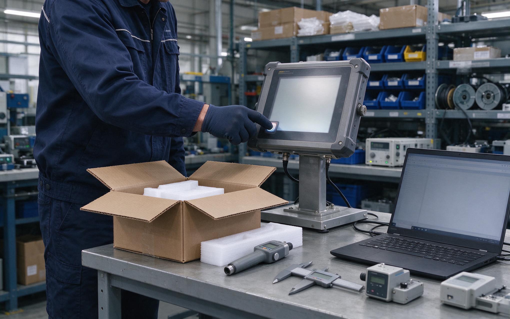 Dock-Side Verification of an Industrial Touchscreen Monitor incoming inspection of an industrial touchscreen monitor at a system integrator receiving dock