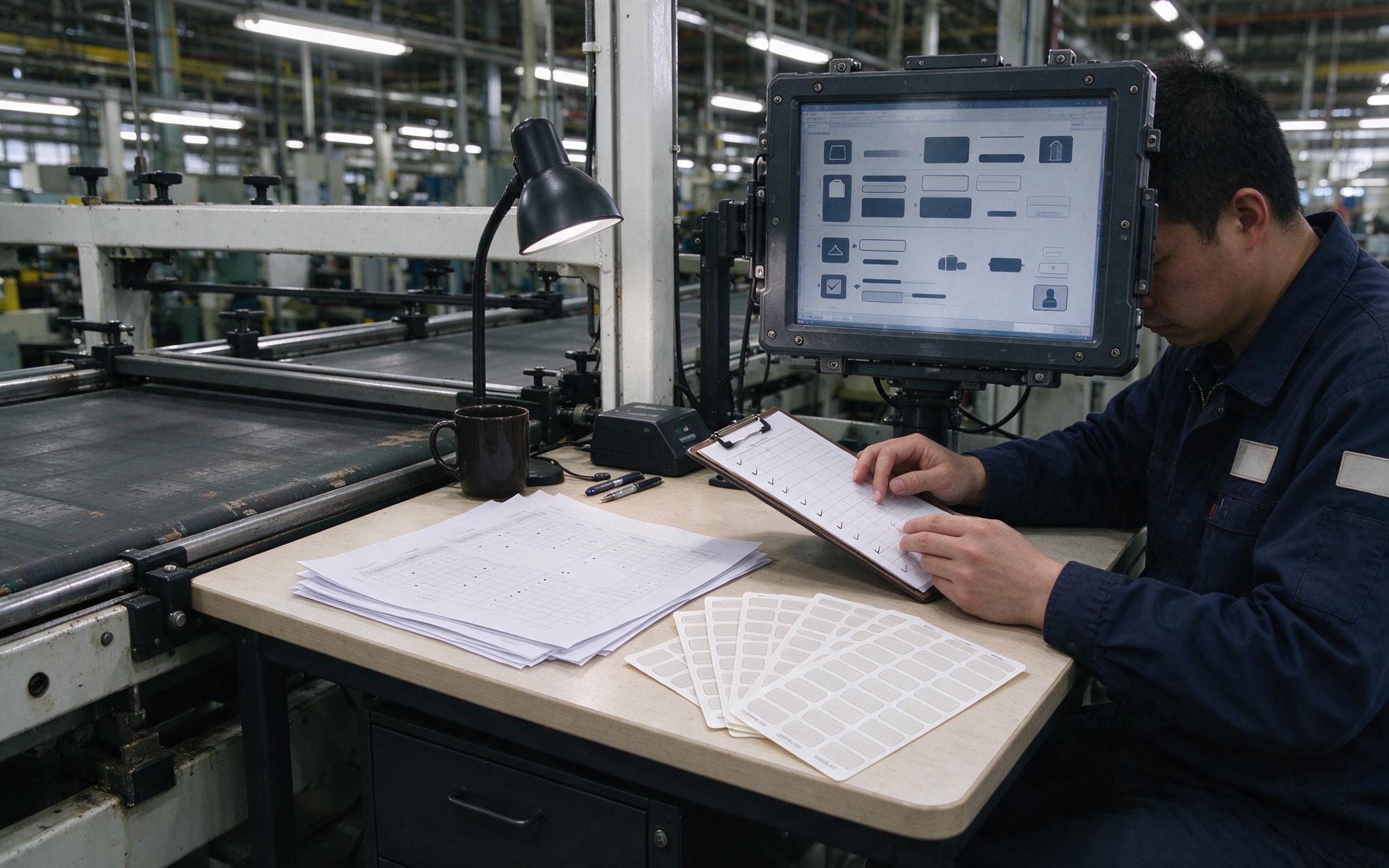 Screening Records Tied to Serial Numbers screening test records and serial number logs reviewed beside a rugged industrial monitor