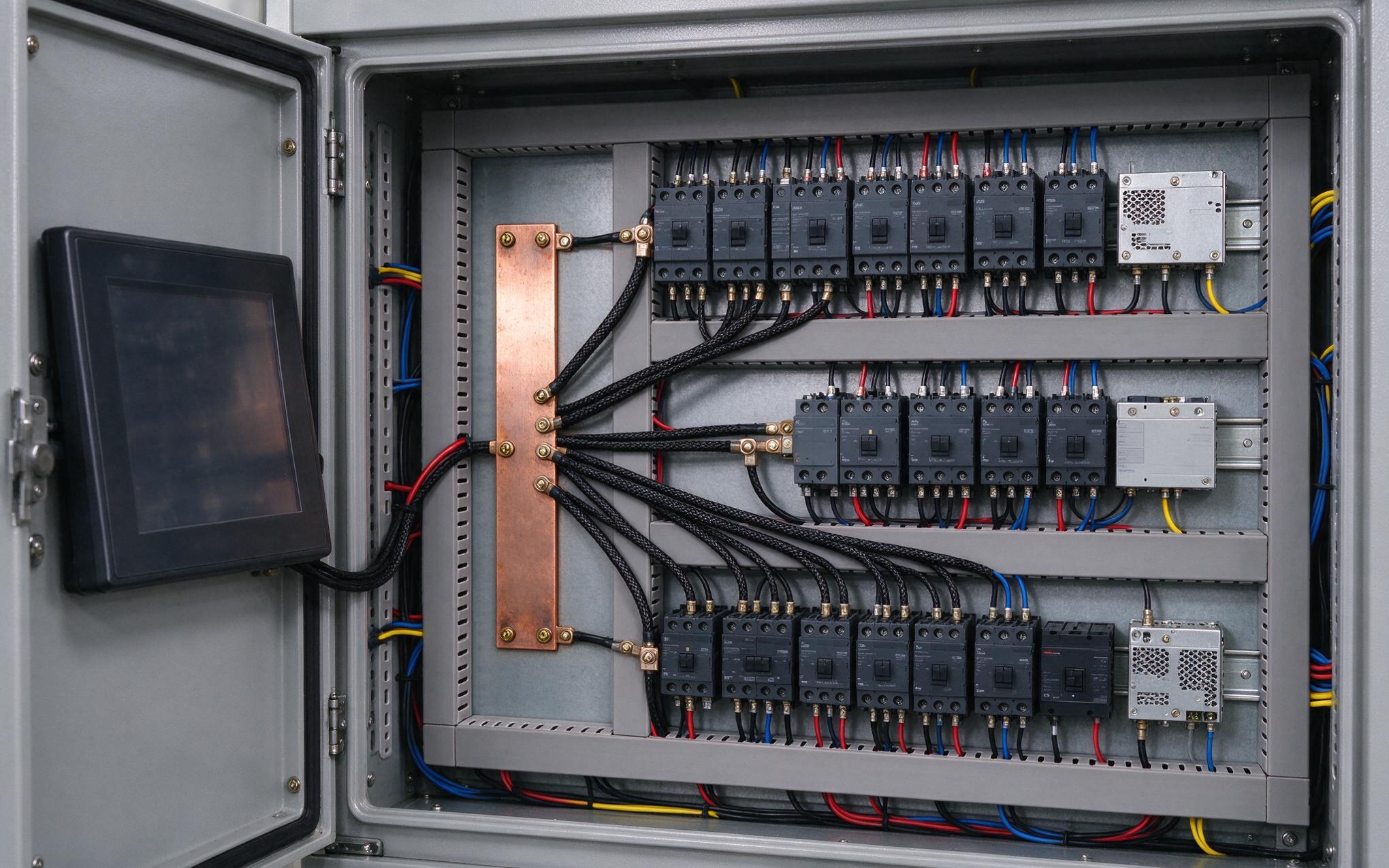 Star Bonding to an Equipotential Plate star bonding plate with braided straps feeding an embedded touchscreen monitor cabinet