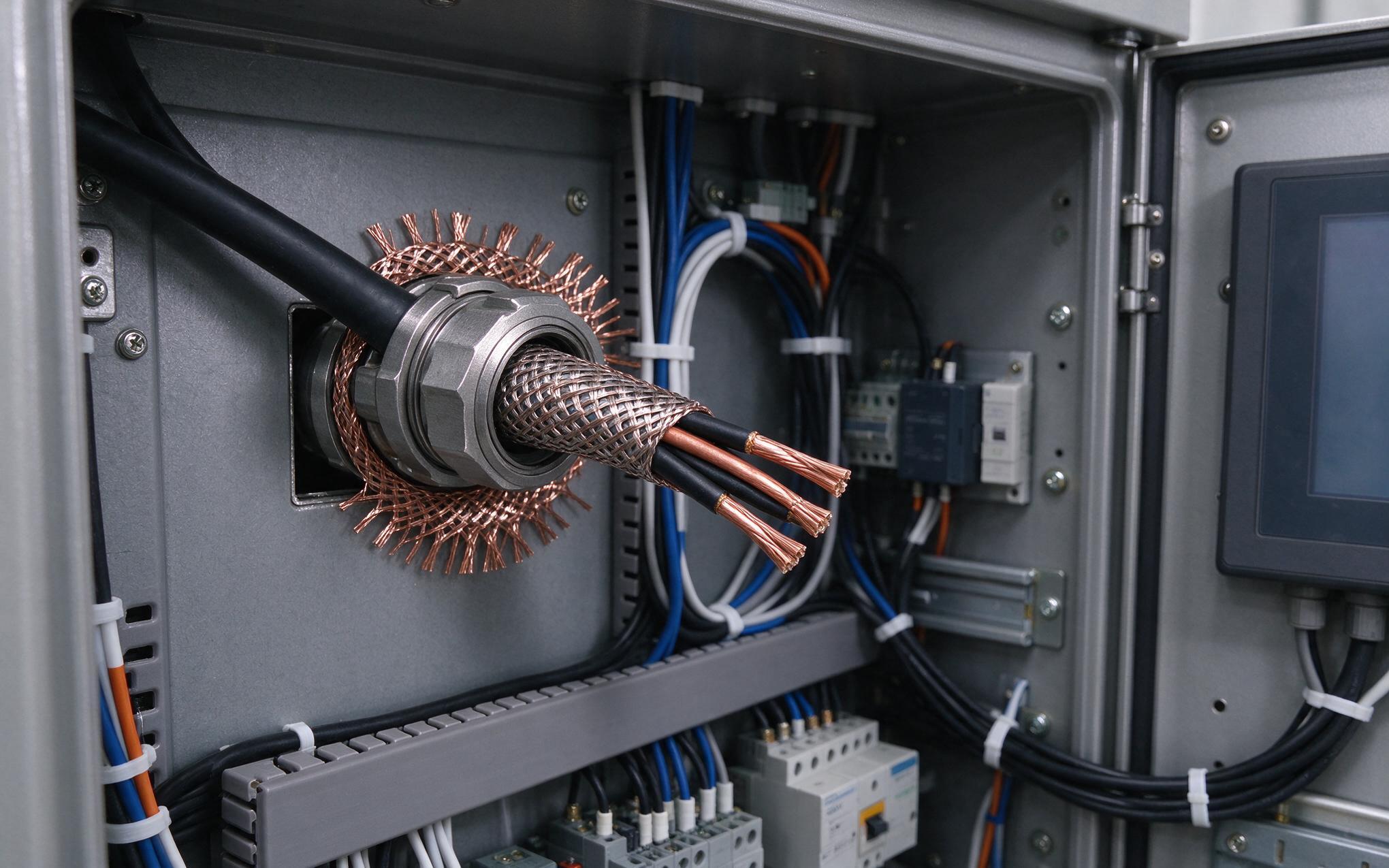 Full-Circumference Shield Termination 360 degree shield termination on an industrial touch screen monitor cabinet entry