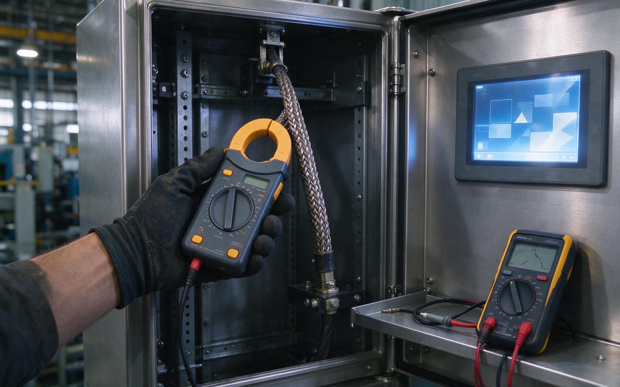 Verifying Ground Quality Before Ramp-Up clamp meter verifying ground bond current on an embedded touchscreen monitor cabinet