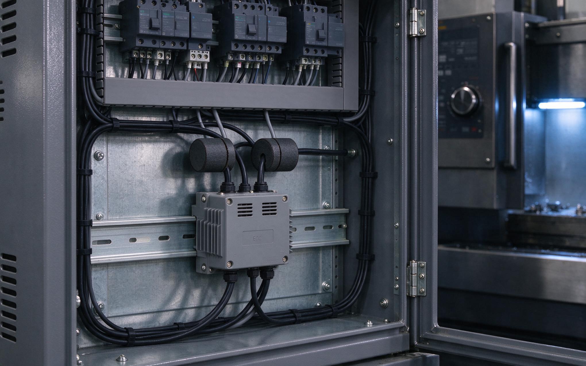 EMC mains filter and ferrite clamps protecting an industrial panel computer