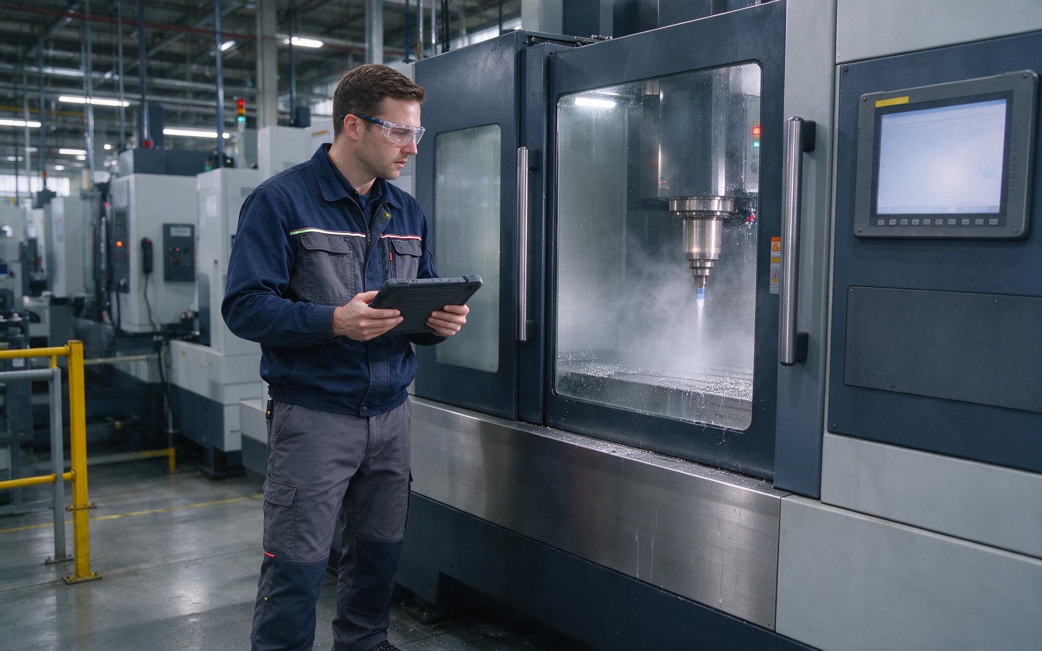 engineer verifying a cnc machinery industrial pc under full spindle load
