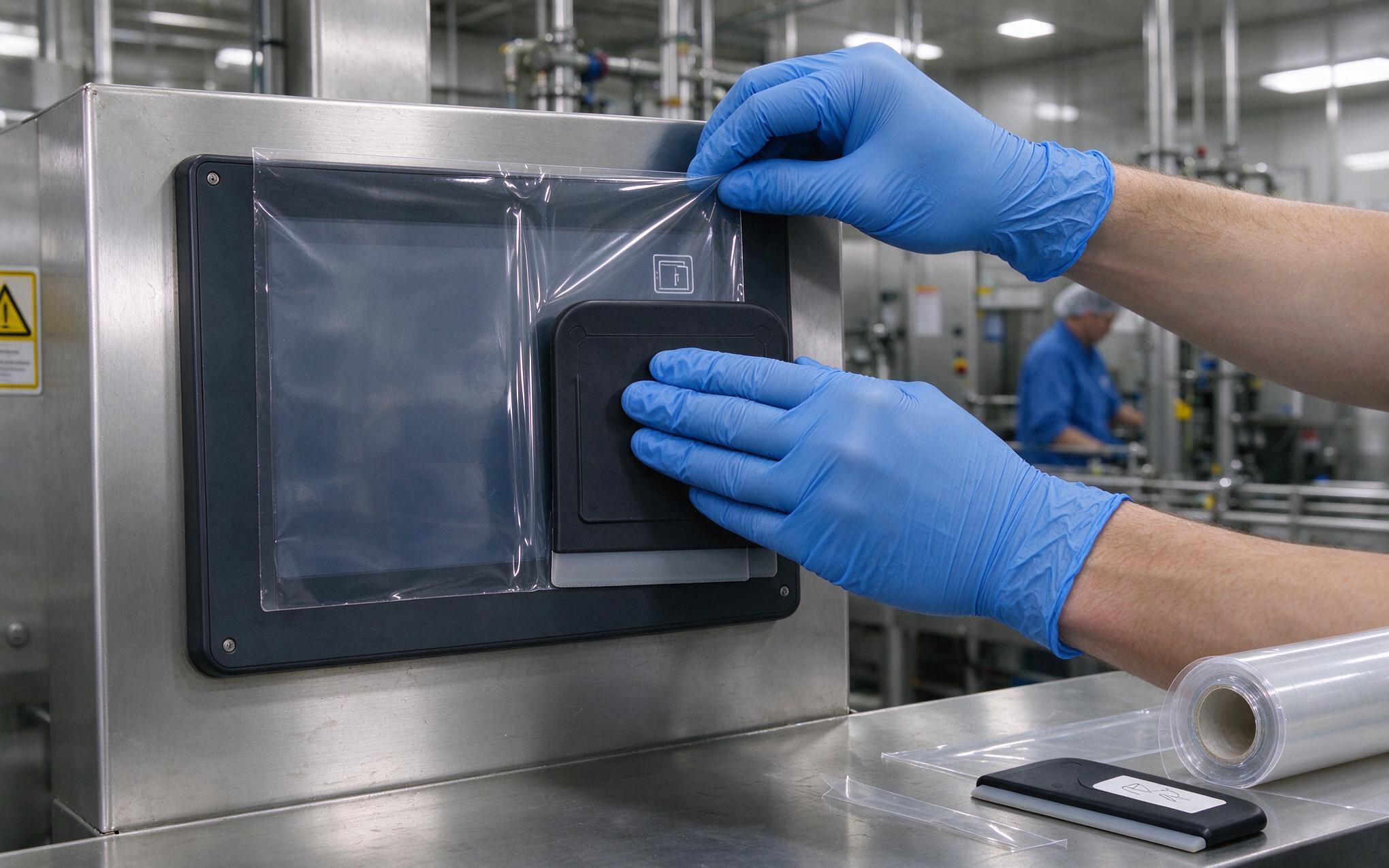Fitting a sacrificial PET film Applying a PET sacrificial overlay film to an IP65 touch screen on a food line