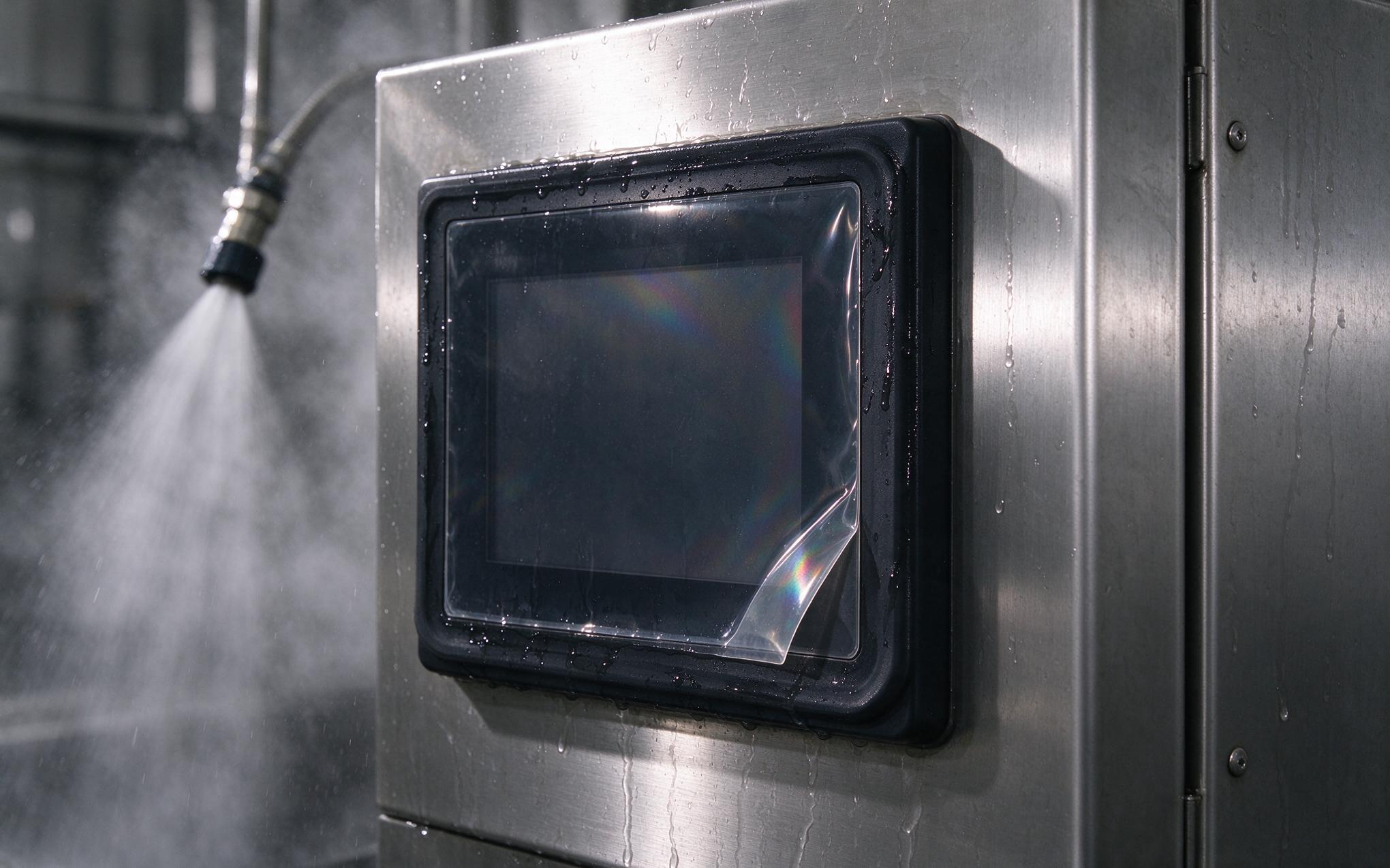 Film edge inside the gasket line Protective film edge stopping inside the gasket zone of an IP65 touch screen