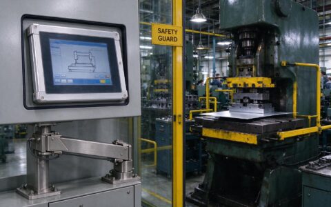 industrial touch screen monitor with extruded aluminum bezel mounted beside a stamping press