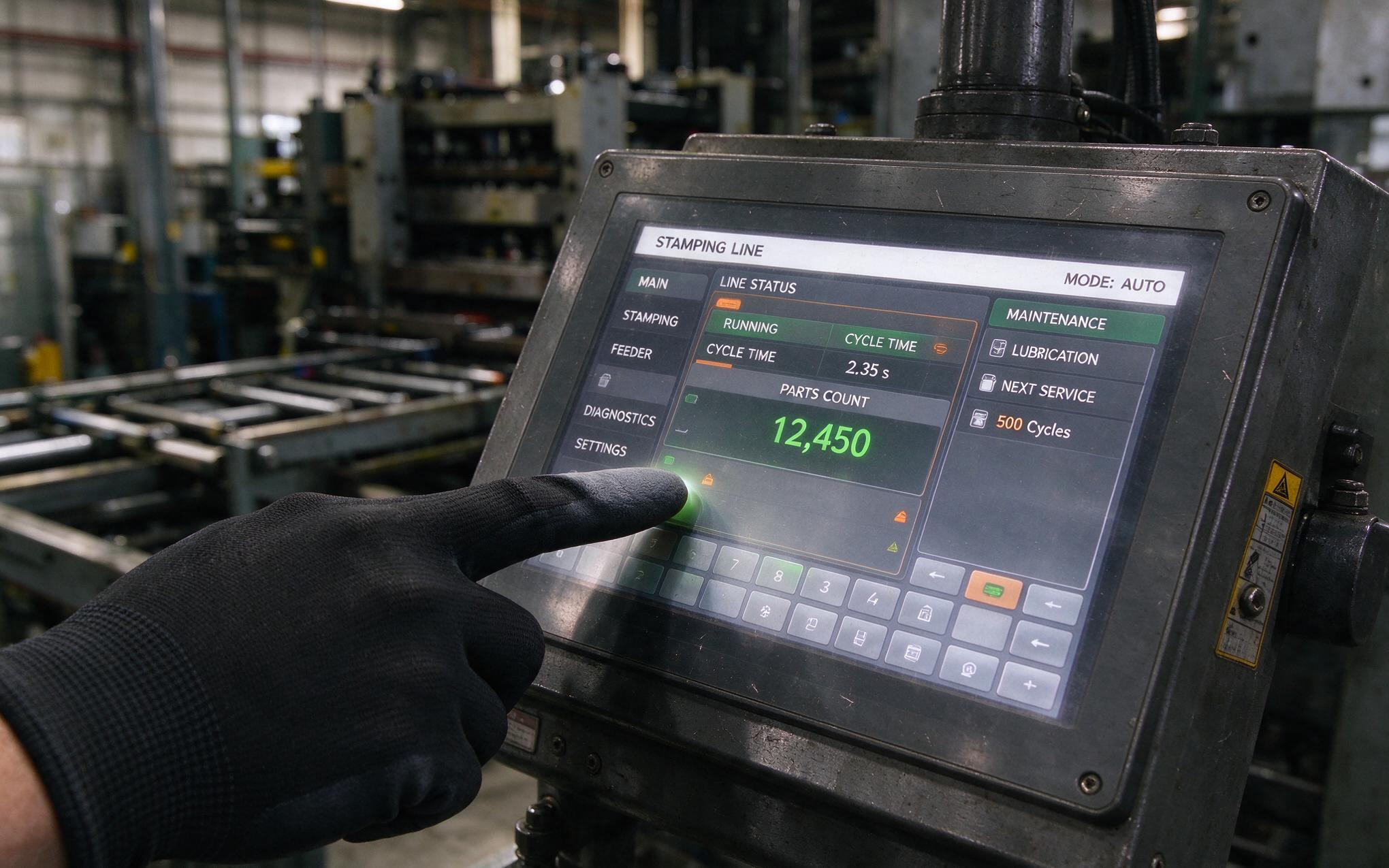 Gloved Input Under Press Vibration gloved finger registering input on an industrial capacitive touch screen near a running press