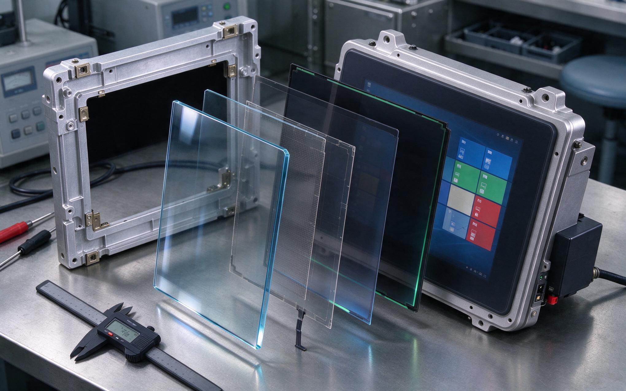 Laminated Sensor Stack Cross Section laminated cover glass and sensor stack of a rugged touch screen display in cross section