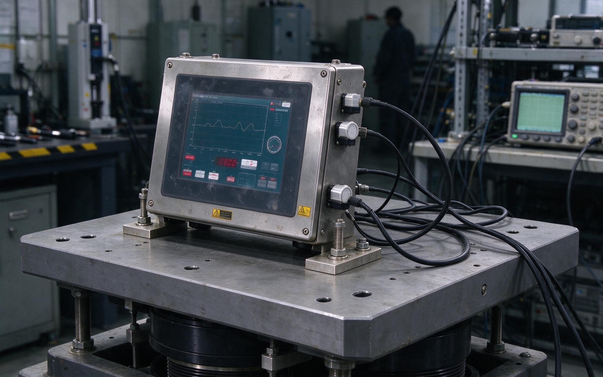 Sine Sweep Validation on a Shaker Table industrial touch screen monitor bolted to an electrodynamic shaker table during sine sweep testing