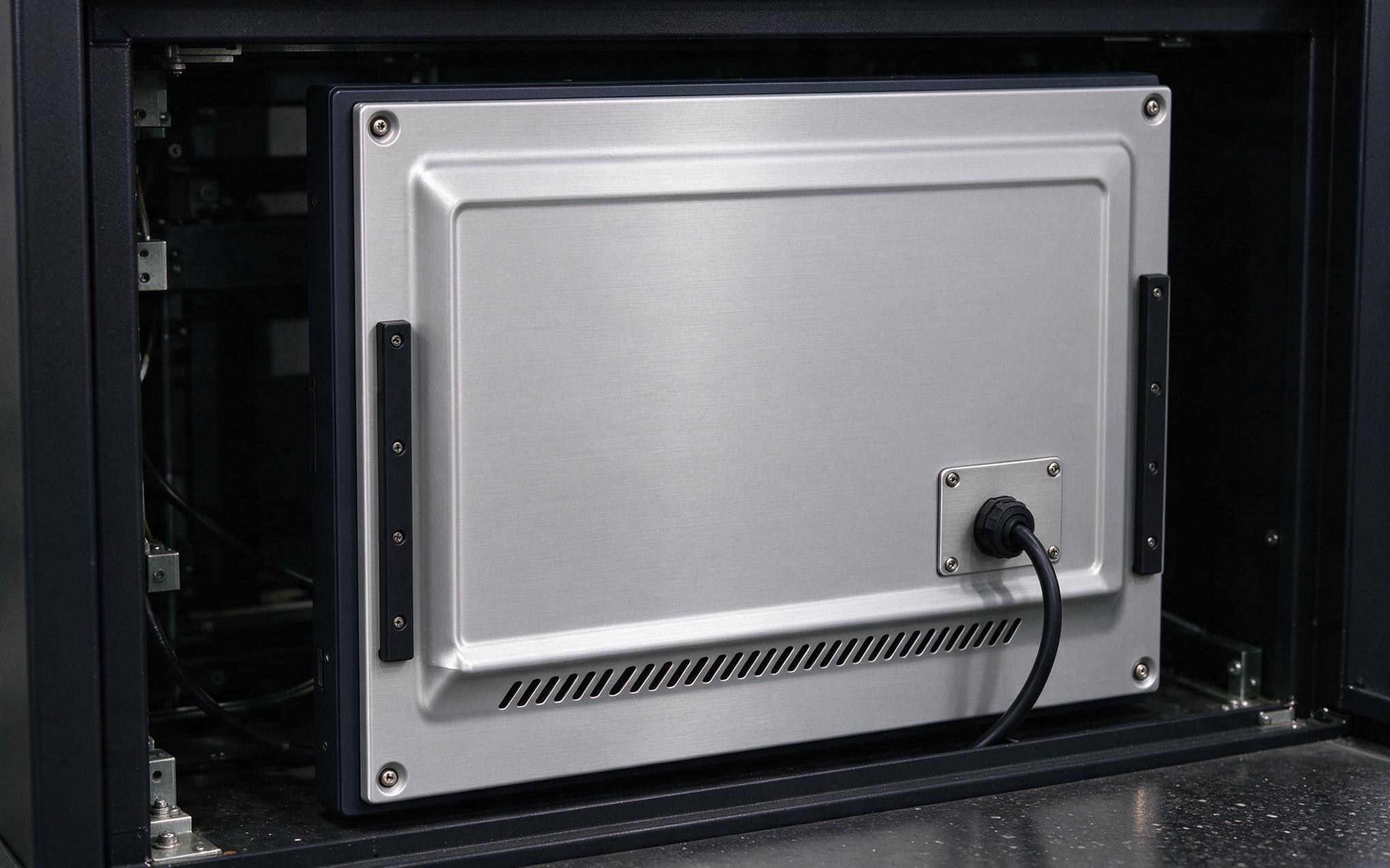 Vented Rear Cover with Standoff Clearance vented sheet metal rear cover installed over an industrial touch display controller board