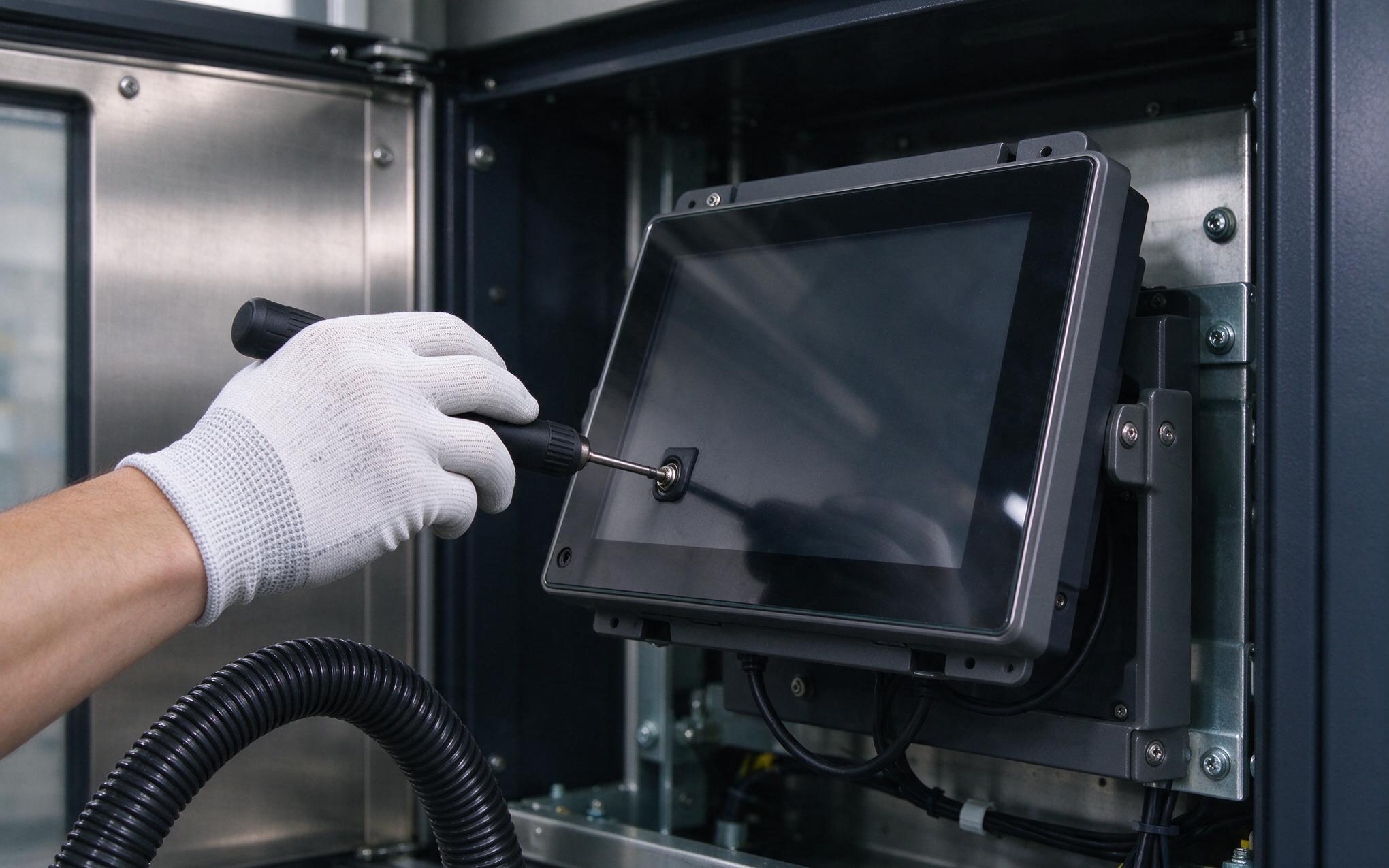 Scheduled Rear Cover Inspection scheduled inspection of rear cover fasteners on a panel mount touch monitor fleet