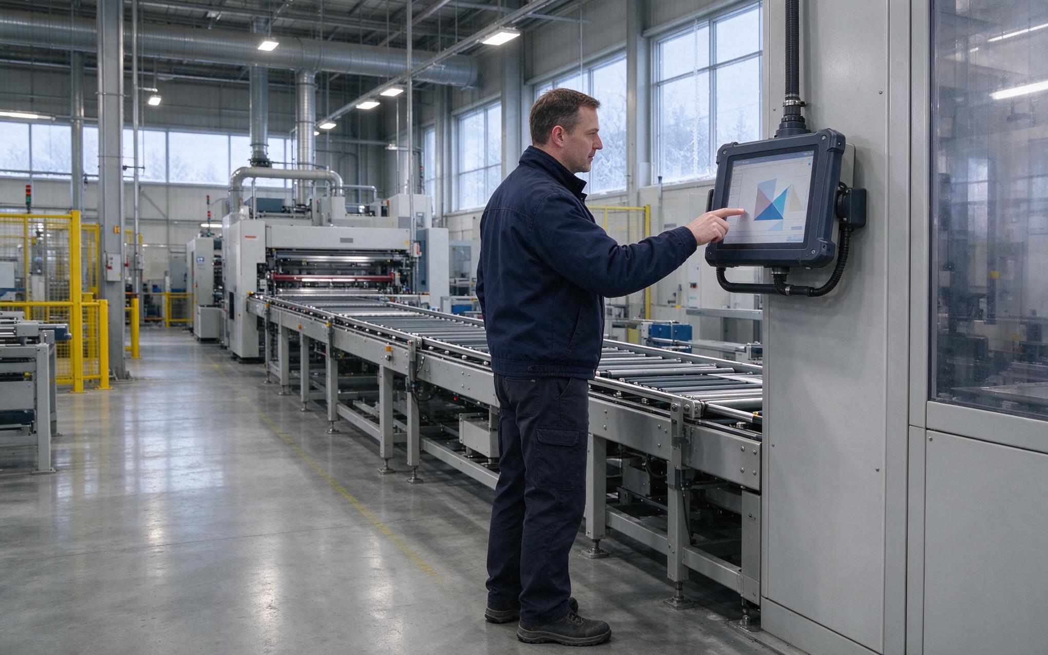 Operator using an industrial touchscreen monitor on a dry factory floor in winter