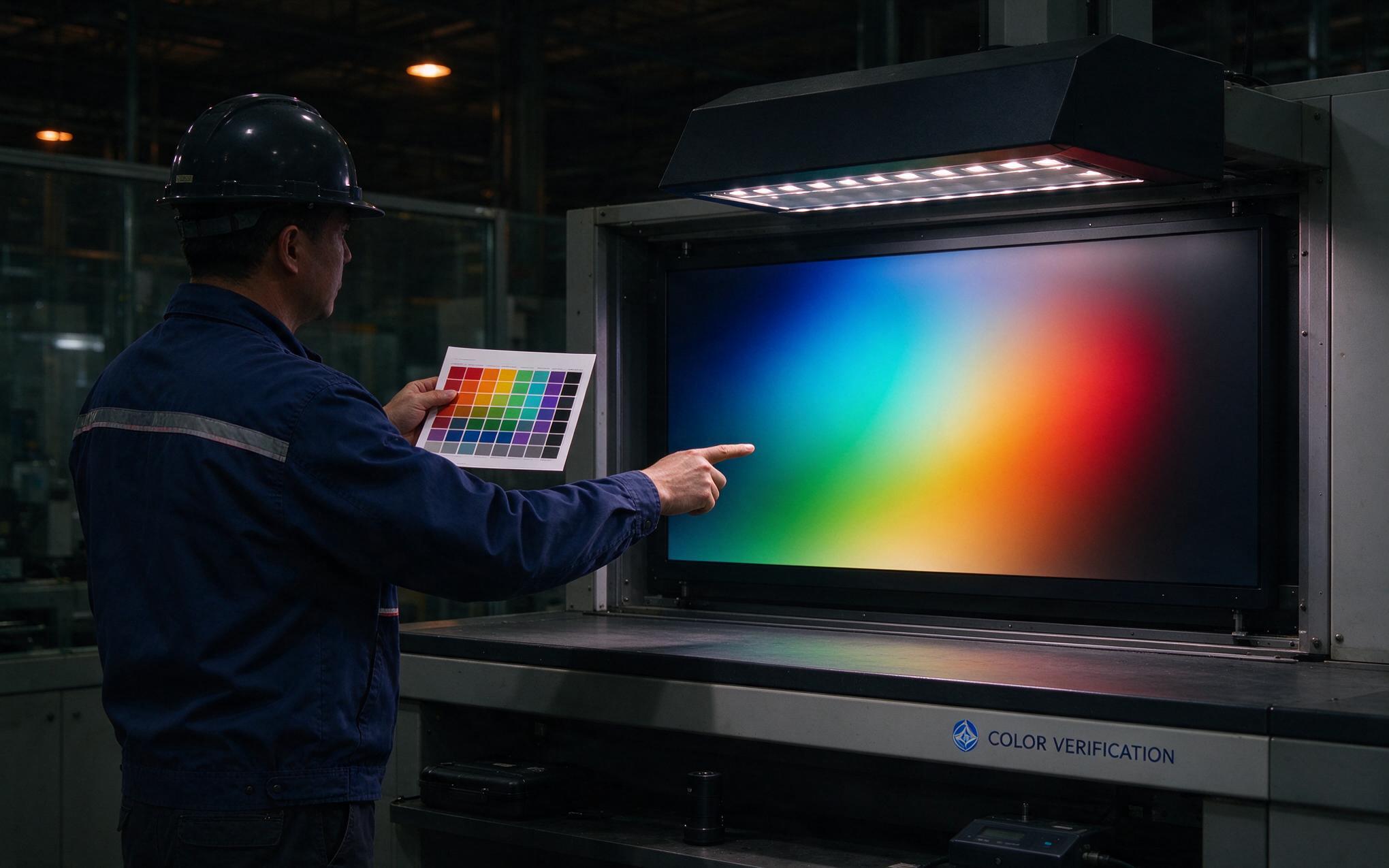 Smooth tonal ramps on a 10-bit panel Inspector reviewing smooth gradients on a 10-bit industrial display screen